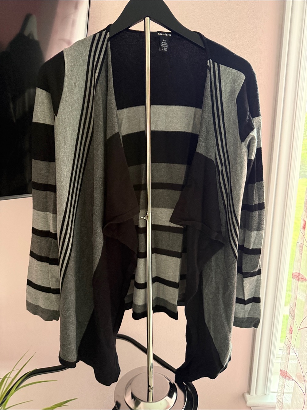 Apt. 9 Open-Front Striped Draped Cardigan - Black & Gray